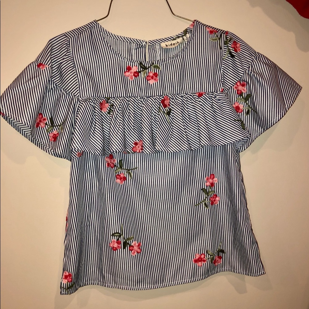 Blue and white striped shirt with floral embroidery